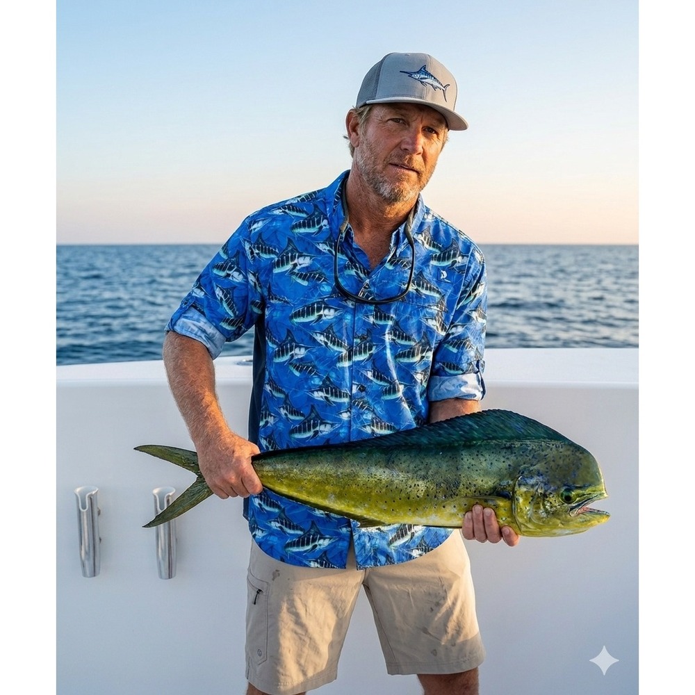 Reel Legends Mariner Men's XL Fishing Shirt Blue Marlin Print Vented UPF 50